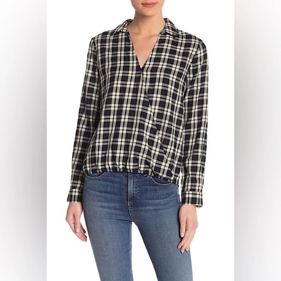 Madewell Arion Plaid Wrap Front Long Sleeve Blouse in Black/White Size M - Picture 1 of 10